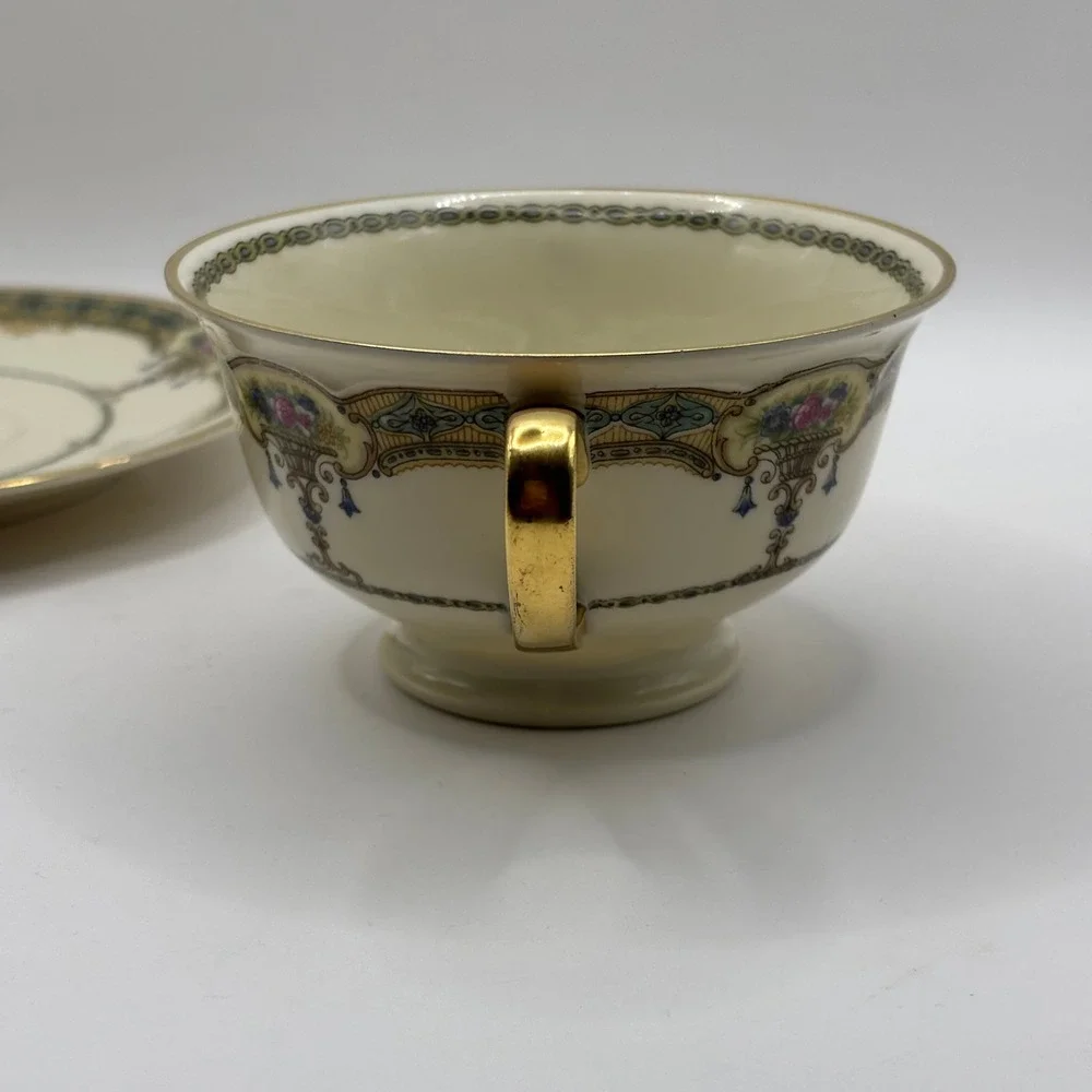 Vtg Black Knight Selb Bavaria Cream Soup Bowl and Saucer Set Floral Gold Gilt 30